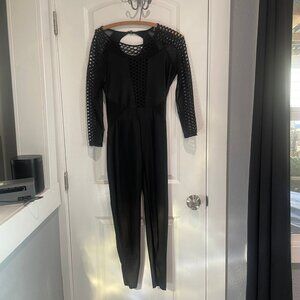 Women’s Black Mesh Catsuit Jumpsuit with Fishnet cutout Size L